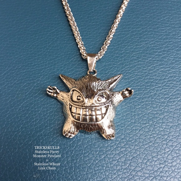 Furry Anime Monster Furball Smile Gamer Gaming Pendant + Custom Wheat Link Chain - Picture 1 of 9